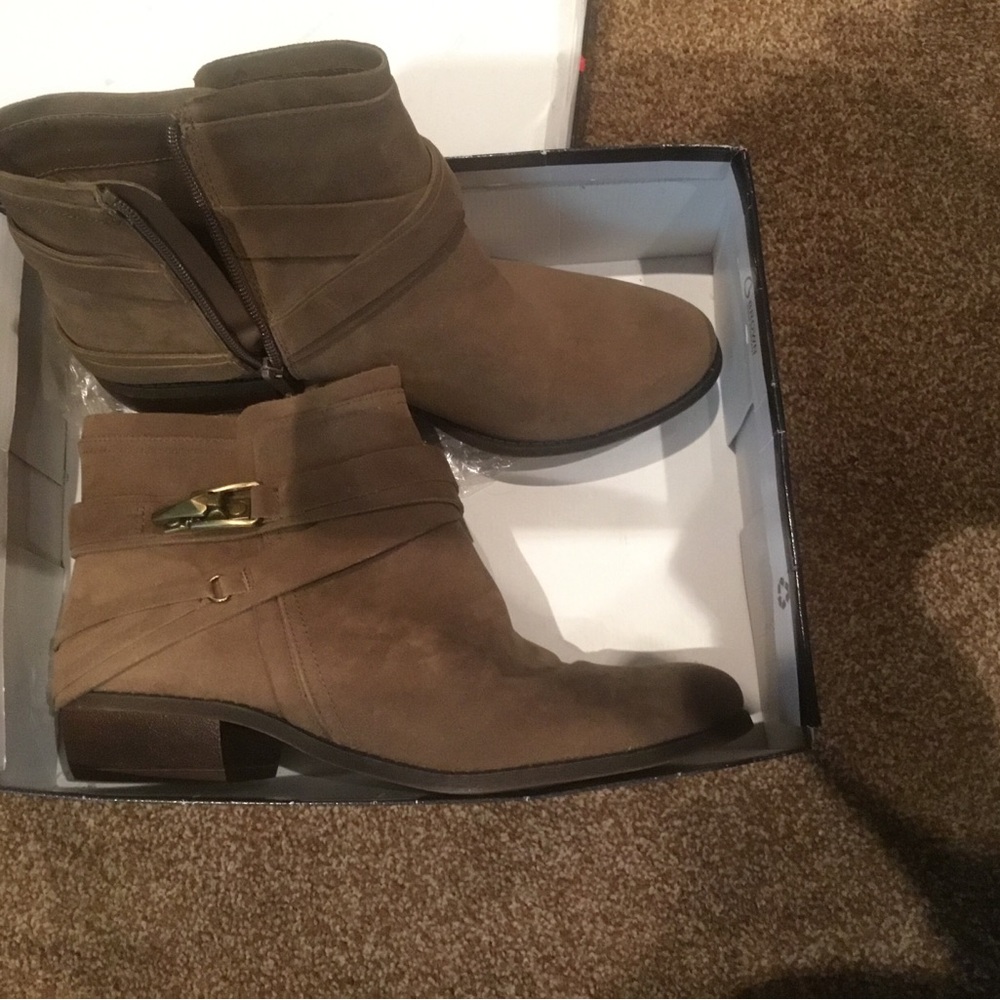 Fergalicious Taupe Suede Ankle Booties with Gold Buckle